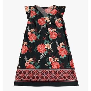F&F Floral Mini Shift Dress Womens 4 Black V-Neck Flutter Sleeve Boho Cottage